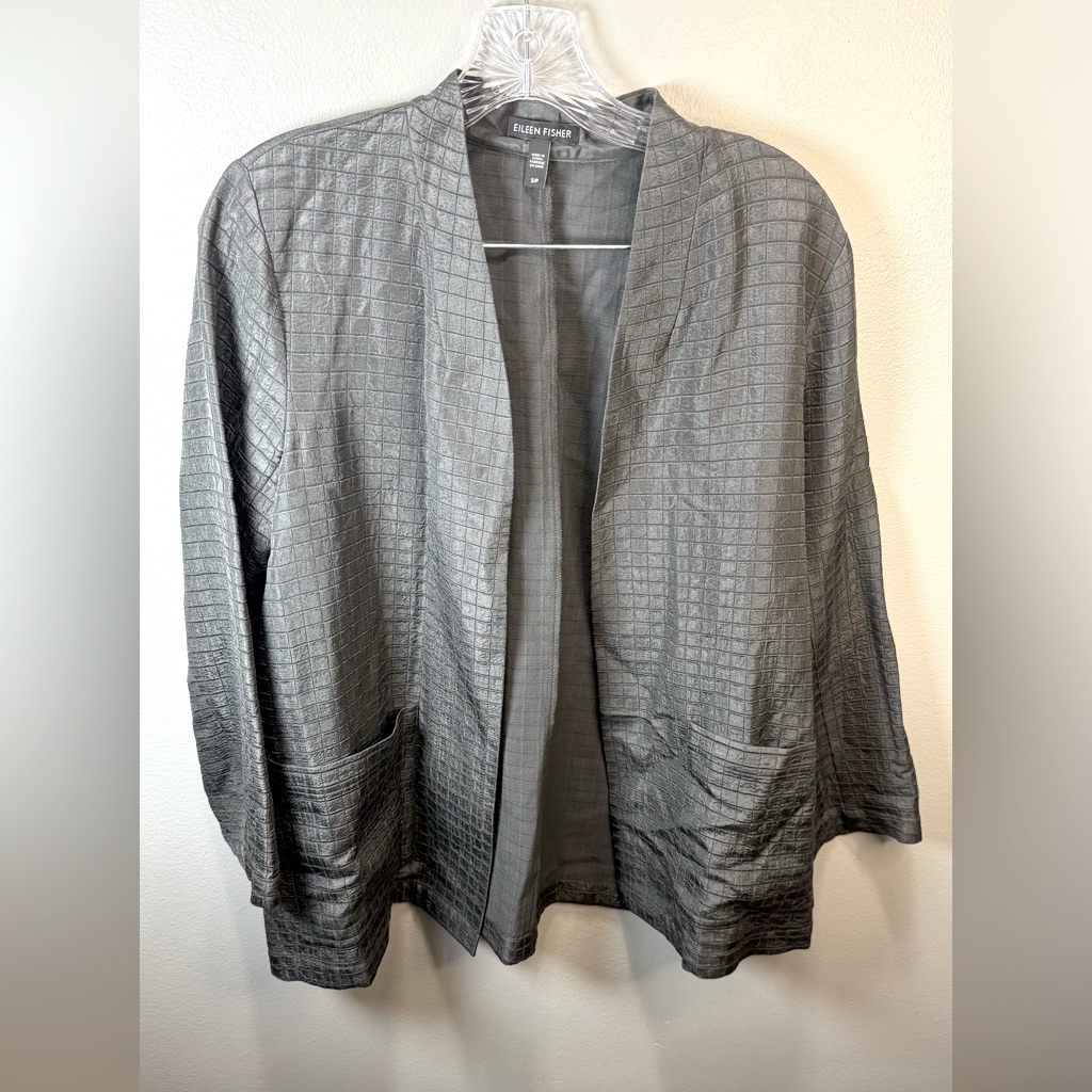 Eileen Fisher Charcoal Gray Silk Blend Pucker Grid Blazer Jacket Size Small